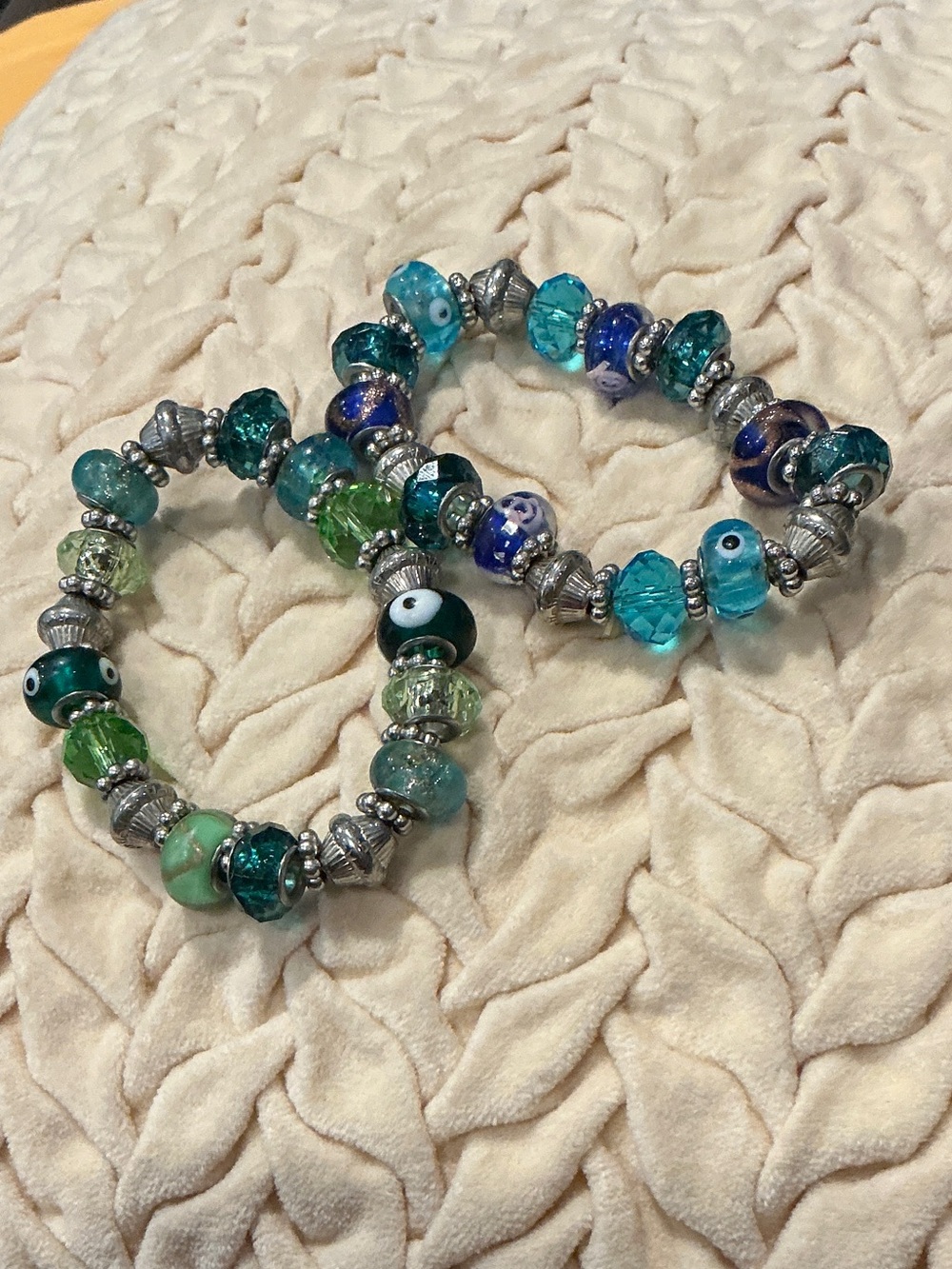 Source Unknown Blue, Teal & Green Glass Bead Stretch Bracelet Duo